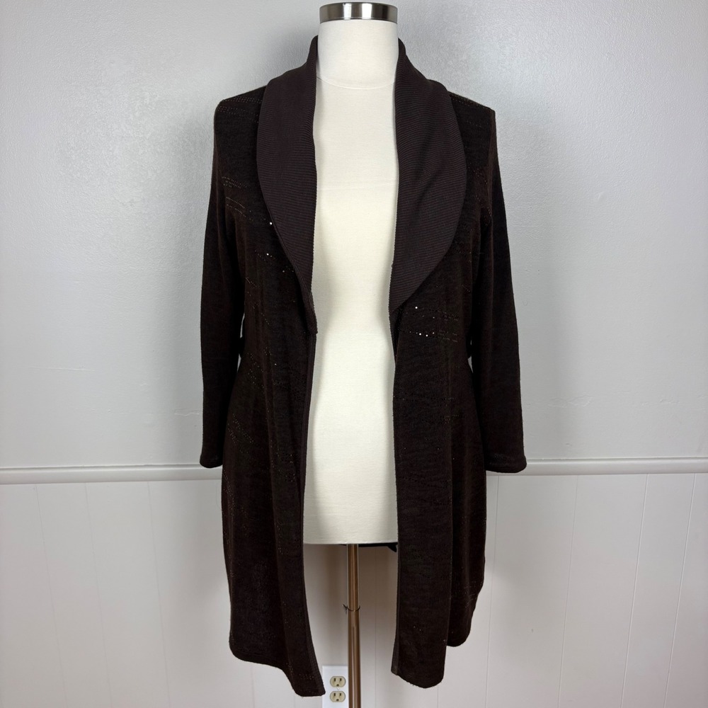 Libian Duster Cardigan Size 3XL Brown Shawl Collar Sparkly Belted Brown Cardigan